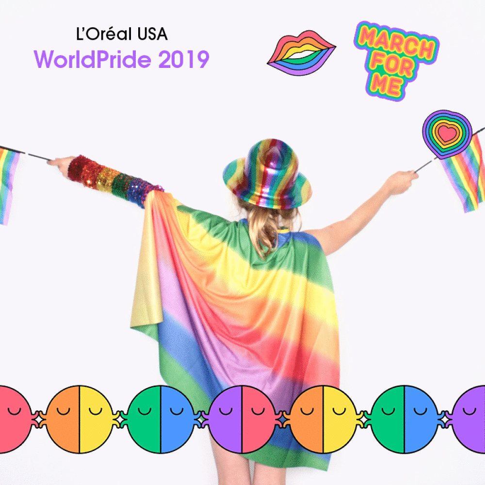 A GIF designed for L'Oreal of a young person wearing rainbow-colored clothes to celebrate Pride in 2019